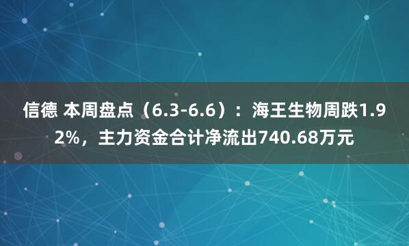 信德 本周盘点（6.3-6.6）：海王生物周跌1.92%，主力资金合计净流出740.68万元